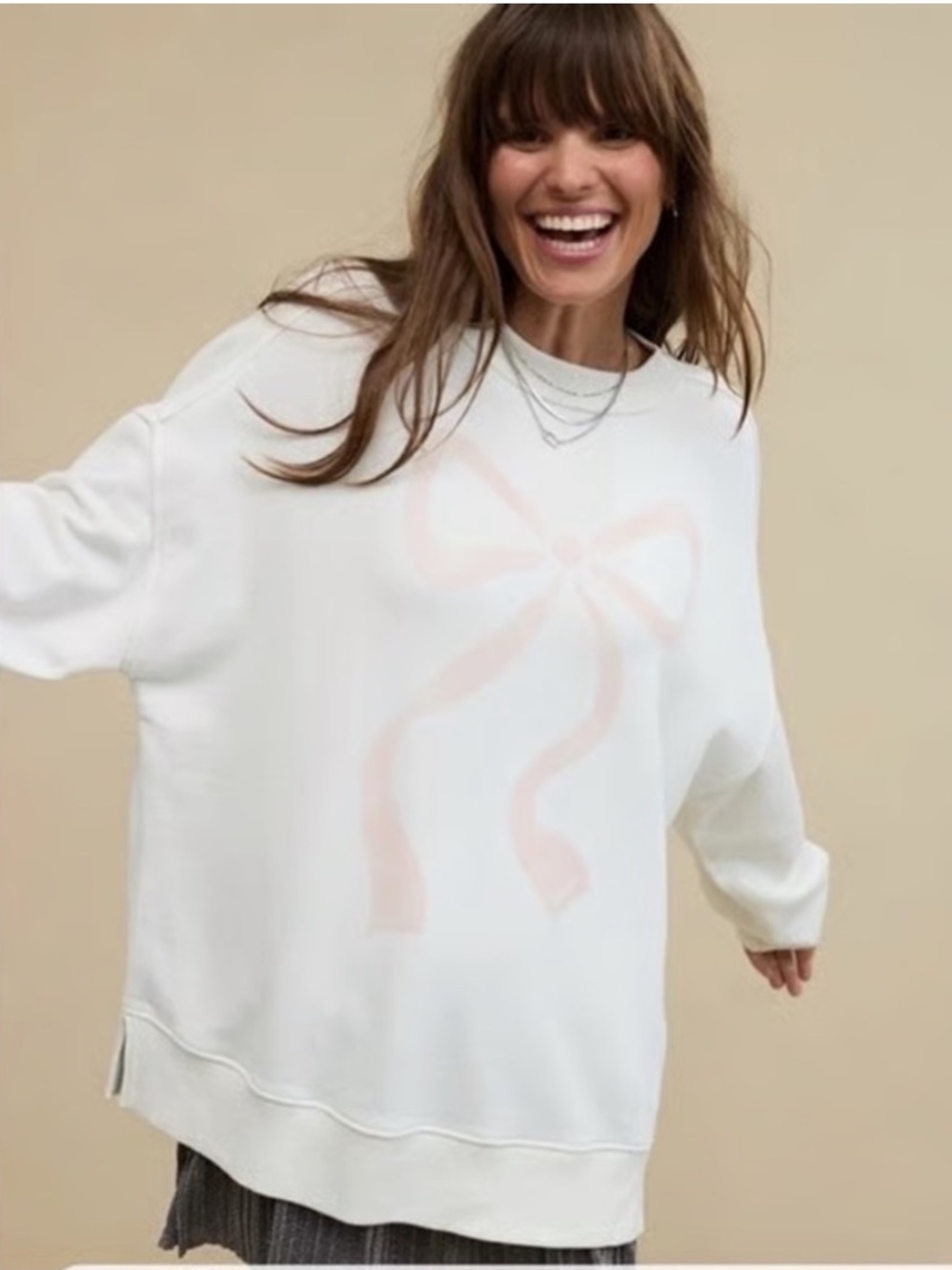 Aerie Bow Sweatshirt Sz Medium Coquette Off White Pearl Keyhole Back Balletcore